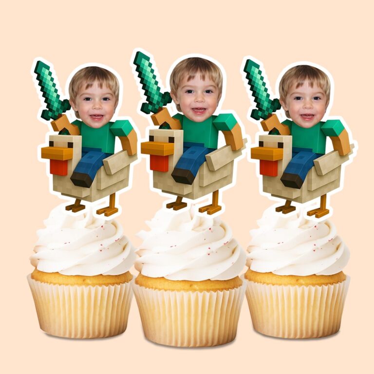 Custom Pixel Miner Riding a Chicken Face Cutout – Cupcake Topper Custom Pixel Miner Riding a Chicken Face Cutout shown on a cupcake topper mockup