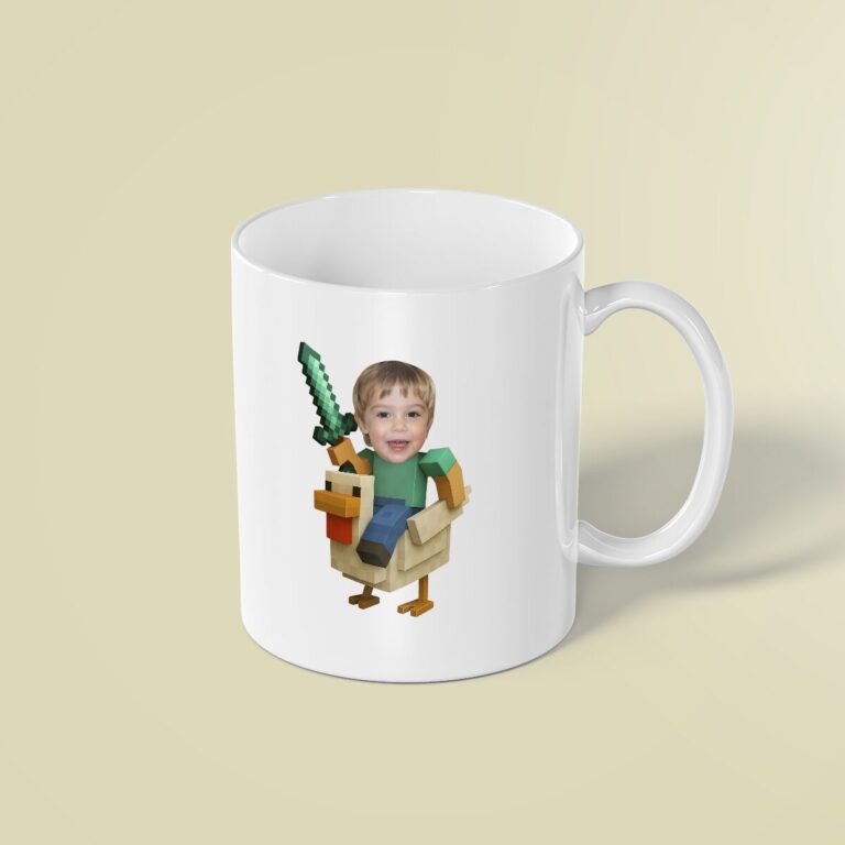 Custom Pixel Miner Riding a Chicken Face Cutout – Mug Custom Pixel Miner Riding a Chicken Face Cutout shown on a mug mockup