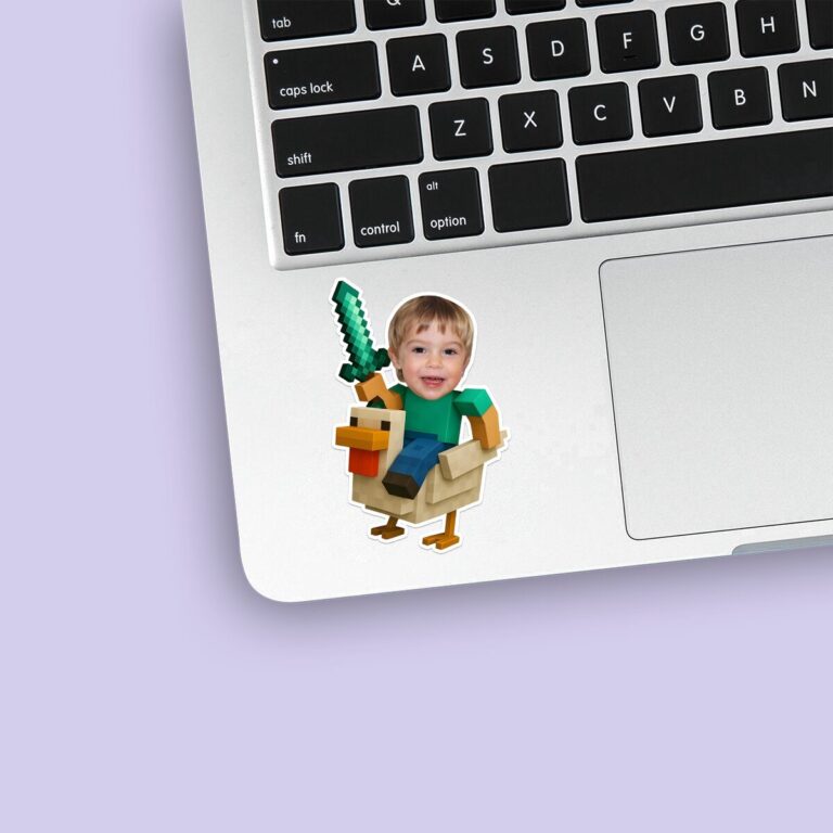 Custom Pixel Miner Riding a Chicken Face Cutout – Sticker Custom Pixel Miner Riding a Chicken Face Cutout shown on a sticker mockup