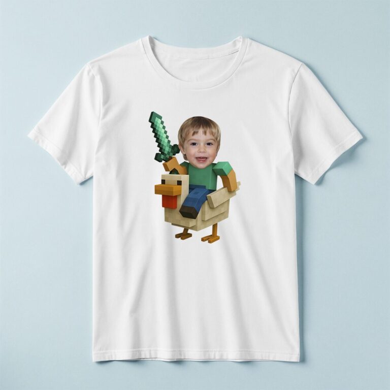 Custom Pixel Miner Riding a Chicken Face Cutout – T-shirt Custom Pixel Miner Riding a Chicken Face Cutout shown on a T-shirt mockup