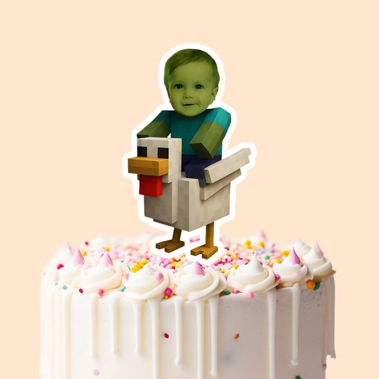 Custom Green Pixel Zombie Riding a Chicken Face Cutout – Cake Topper Custom Green Pixel Zombie Riding a Chicken Face Cutout shown on a cake topper mockup