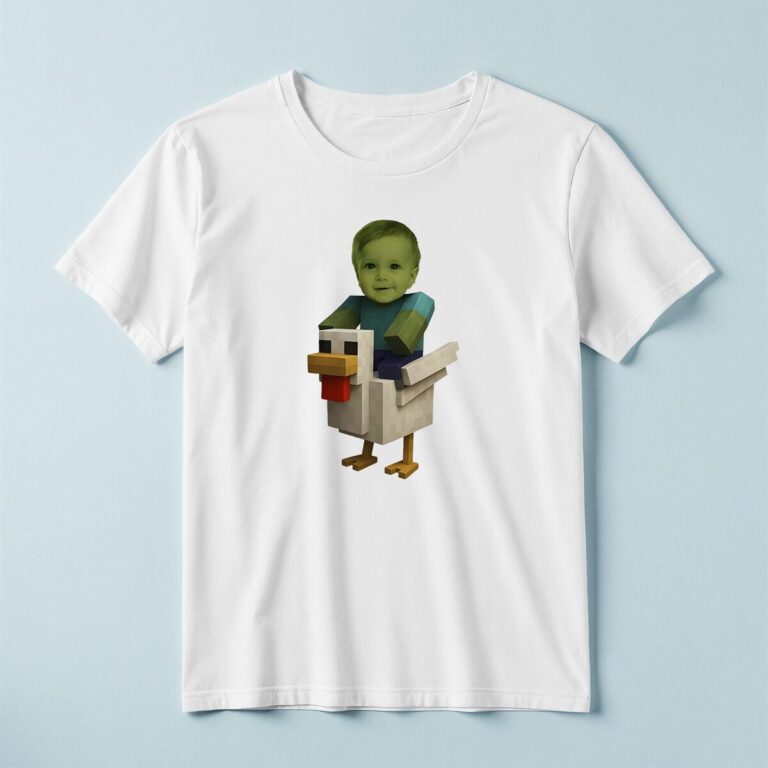 Custom Green Pixel Zombie Riding a Chicken Face Cutout – T-shirt Custom Green Pixel Zombie Riding a Chicken Face Cutout shown on a T-shirt mockup