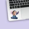Custom Seated Blue Alien Costume Face Cutout – Sticker Custom Seated Blue Alien Costume Face Cutout shown on a sticker mockup