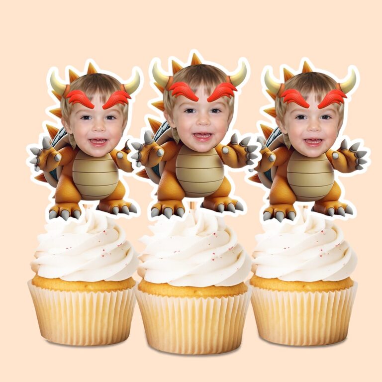 Custom Spiked Turtle-Dragon Costume Face Cutout – Cupcake Topper Custom Spiked Turtle-Dragon Costume Face Cutout shown on a cupcake topper mockup