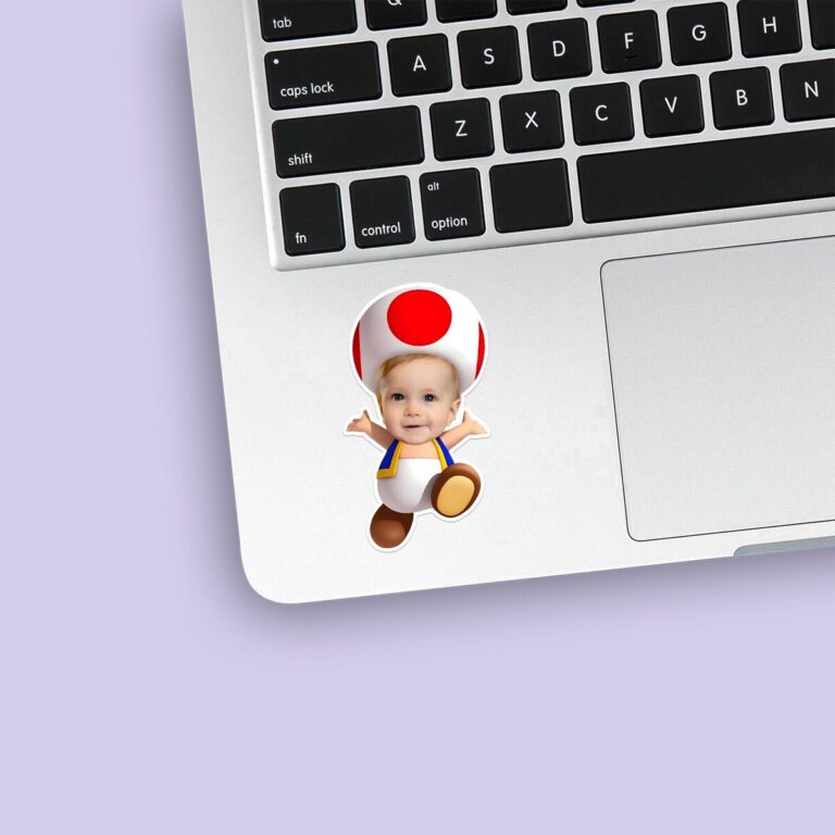 Custom Mushroom Helper Character Face Cutout – Sticker Custom Mushroom Helper Character Face Cutout shown on a sticker mockup