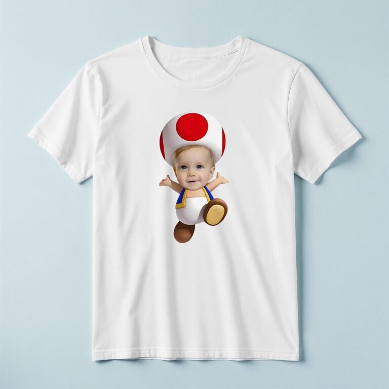 Custom Mushroom Helper Character Face Cutout – T-shirt Custom Mushroom Helper Character Face Cutout shown on a T-shirt mockup