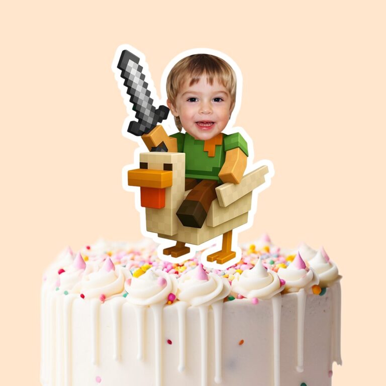 Custom Pixel Adventurer Riding a Chicken Face Cutout – Cake Topper Custom Pixel Adventurer Riding a Chicken Face Cutout shown on a cake topper mockup