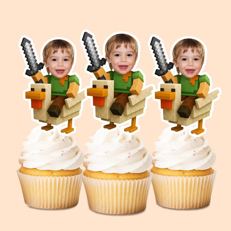 Custom Pixel Adventurer Riding a Chicken Face Cutout – Cupcake Topper Custom Pixel Adventurer Riding a Chicken Face Cutout shown on a cupcake topper mockup