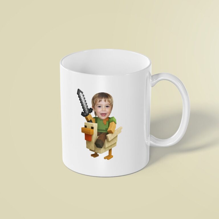 Custom Pixel Adventurer Riding a Chicken Face Cutout – Mug Custom Pixel Adventurer Riding a Chicken Face Cutout shown on a mug mockup