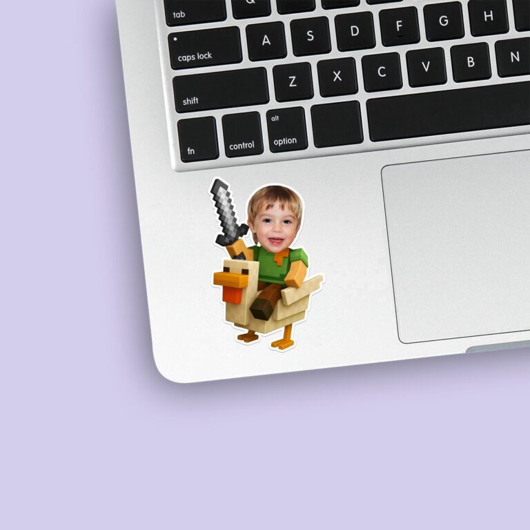 Custom Pixel Adventurer Riding a Chicken Face Cutout – Sticker Custom Pixel Adventurer Riding a Chicken Face Cutout shown on a sticker mockup