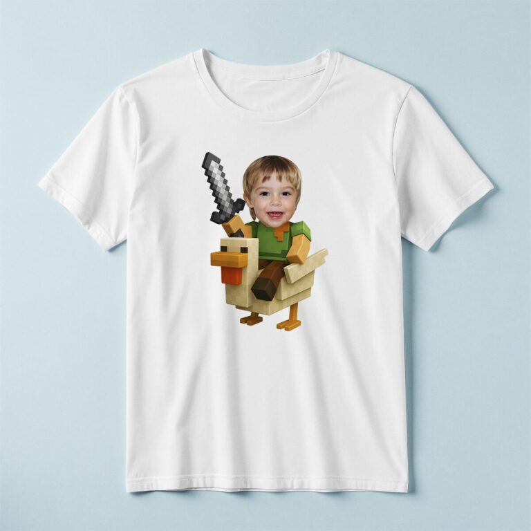 Custom Pixel Adventurer Riding a Chicken Face Cutout – T-shirt Custom Pixel Adventurer Riding a Chicken Face Cutout shown on a T-shirt mockup