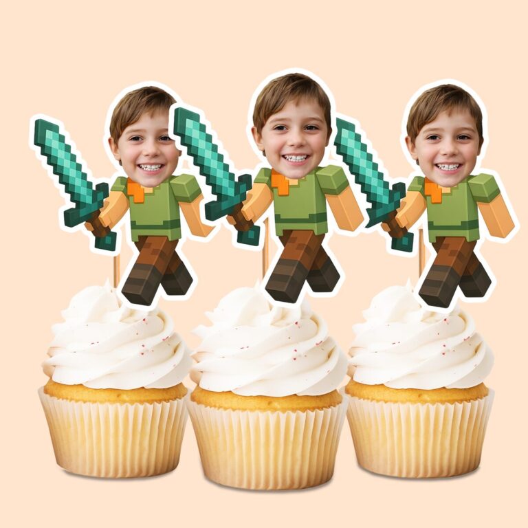 Custom Pixel Adventurer with Teal Sword Face Cutout – Cupcake Topper Custom Pixel Adventurer with Teal Sword Face Cutout shown on a cupcake topper mockup