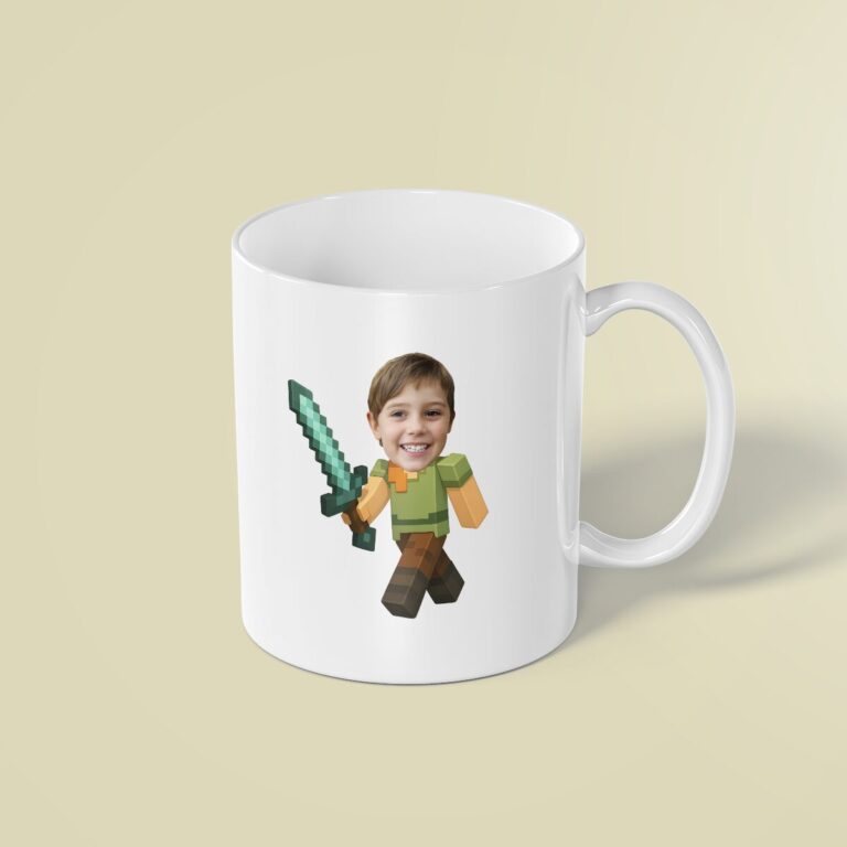 Custom Pixel Adventurer with Teal Sword Face Cutout – Mug Custom Pixel Adventurer with Teal Sword Face Cutout shown on a mug mockup