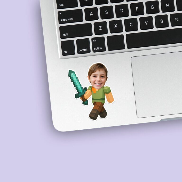 Custom Pixel Adventurer with Teal Sword Face Cutout – Sticker Custom Pixel Adventurer with Teal Sword Face Cutout shown on a sticker mockup