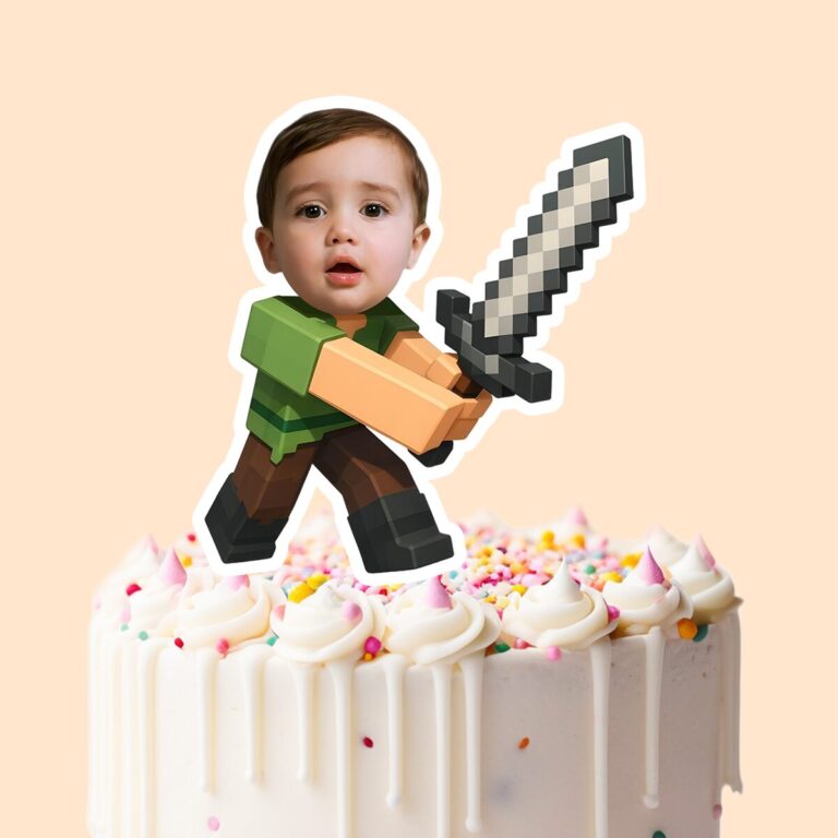 Custom Pixel Adventurer with Gray Sword Face Cutout – Cake Topper Custom Pixel Adventurer with Gray Sword Face Cutout shown on a cake topper mockup
