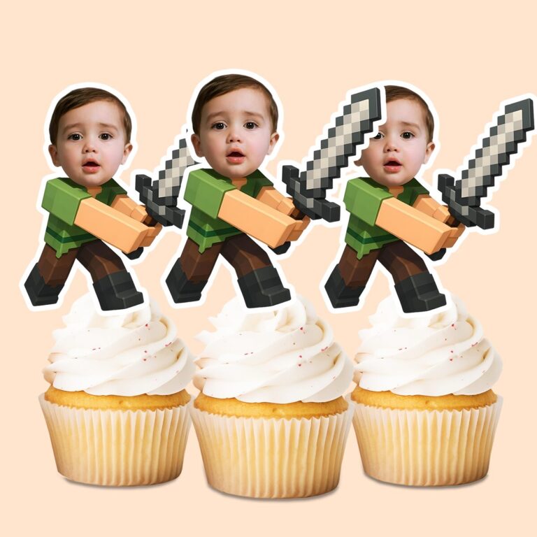 Custom Pixel Adventurer with Gray Sword Face Cutout – Cupcake Topper Custom Pixel Adventurer with Gray Sword Face Cutout shown on a cupcake topper mockup