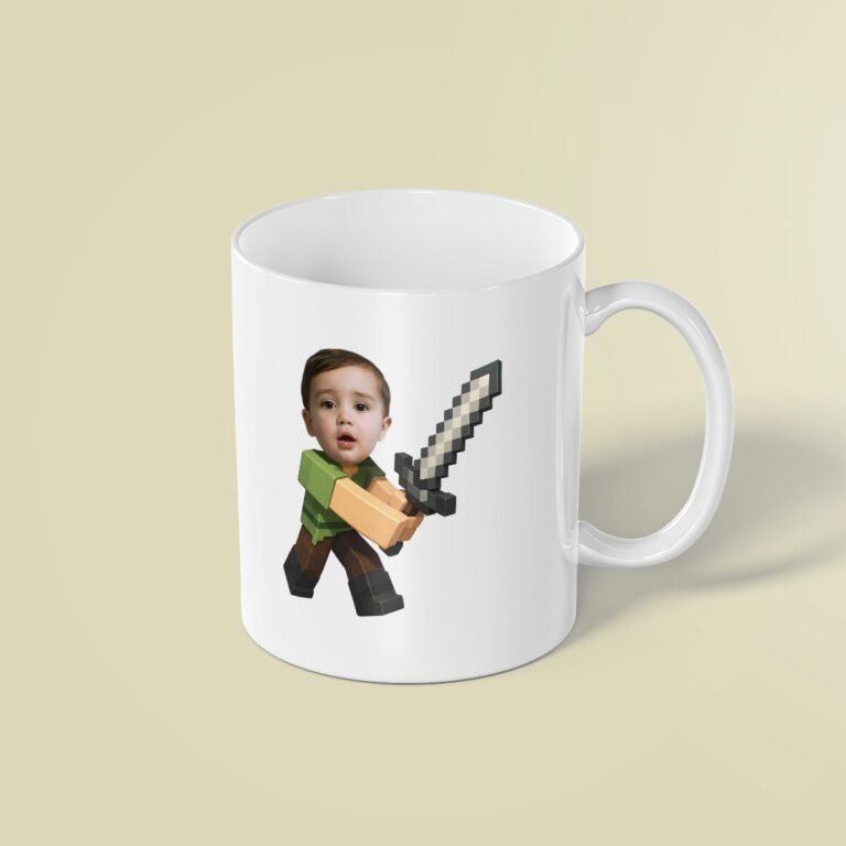 Custom Pixel Adventurer with Gray Sword Face Cutout – Mug Custom Pixel Adventurer with Gray Sword Face Cutout shown on a mug mockup