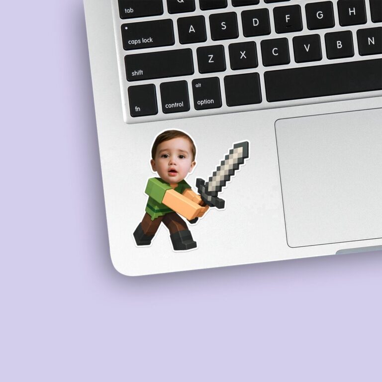 Custom Pixel Adventurer with Gray Sword Face Cutout – Sticker Custom Pixel Adventurer with Gray Sword Face Cutout shown on a sticker mockup