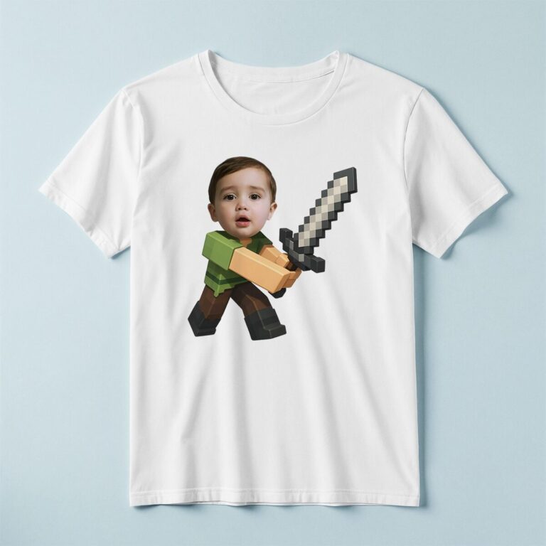 Custom Pixel Adventurer with Gray Sword Face Cutout – T-shirt Custom Pixel Adventurer with Gray Sword Face Cutout shown on a T-shirt mockup