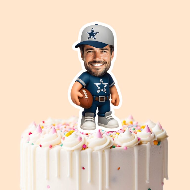 Custom Navy Star-Logo Football Player Face Cutout – Cake Topper Custom Navy Star-Logo Football Player Face Cutout shown on a cake topper mockup