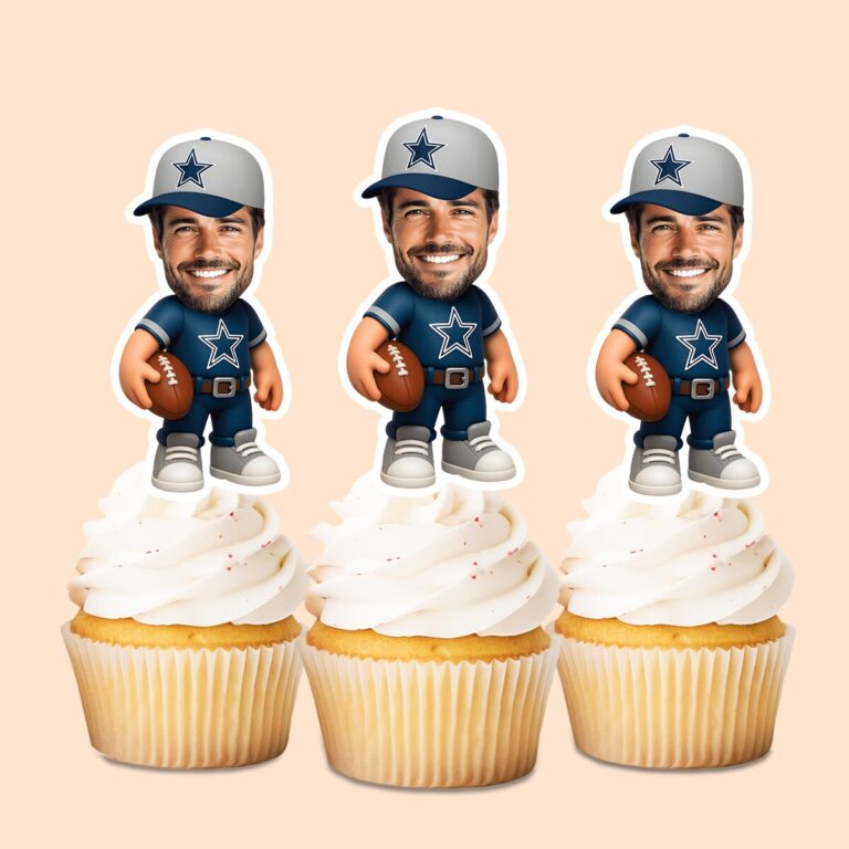 Custom Navy Star-Logo Football Player Face Cutout – Cupcake Topper Custom Navy Star-Logo Football Player Face Cutout shown on a cupcake topper mockup