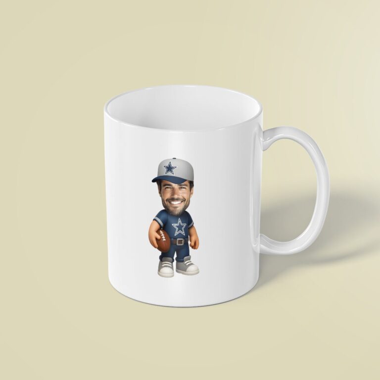 Custom Navy Star-Logo Football Player Face Cutout – Mug Custom Navy Star-Logo Football Player Face Cutout shown on a mug mockup