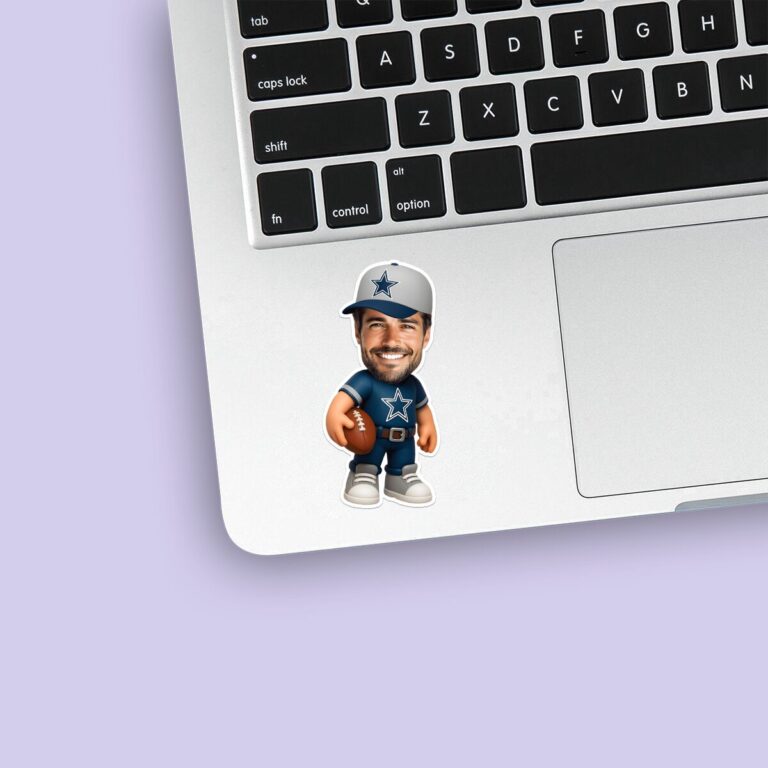 Custom Navy Star-Logo Football Player Face Cutout – Sticker Custom Navy Star-Logo Football Player Face Cutout shown on a sticker mockup