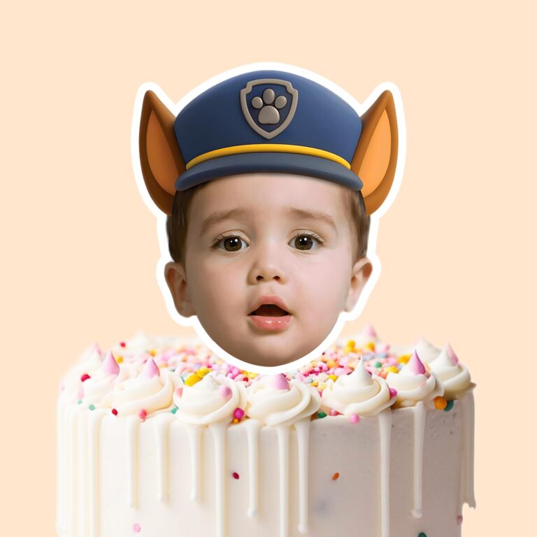 Custom Police-Pup Cap Portrait Face Cutout – Cake Topper Custom Police-Pup Cap Portrait Face Cutout shown on a cake topper mockup