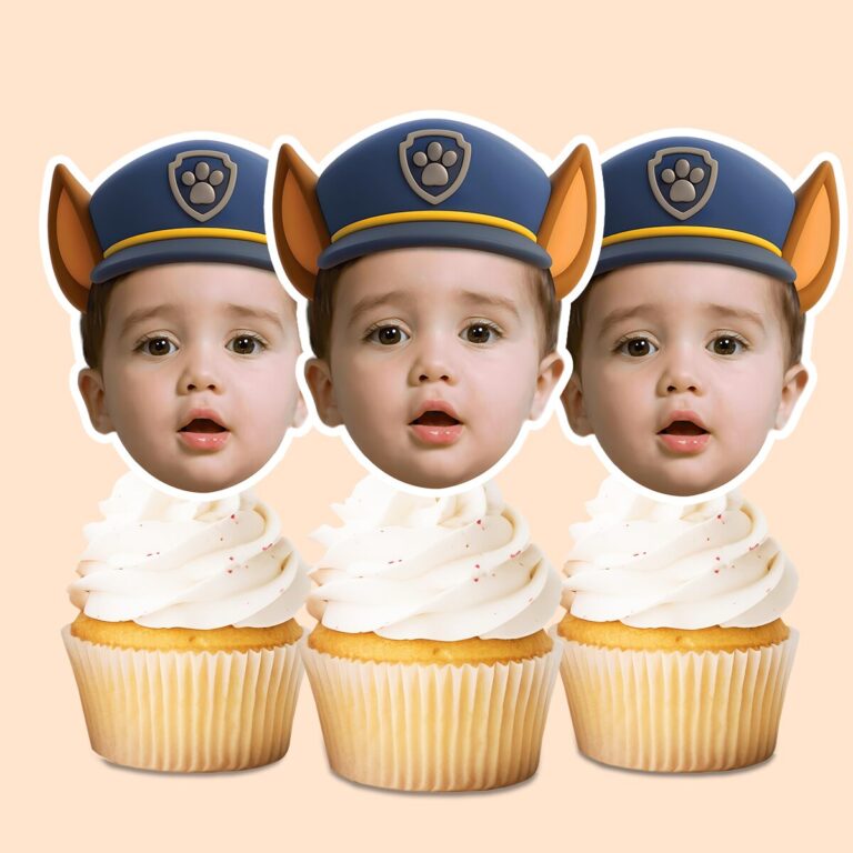 Custom Police-Pup Cap Portrait Face Cutout – Cupcake Topper Custom Police-Pup Cap Portrait Face Cutout shown on a cupcake topper mockup