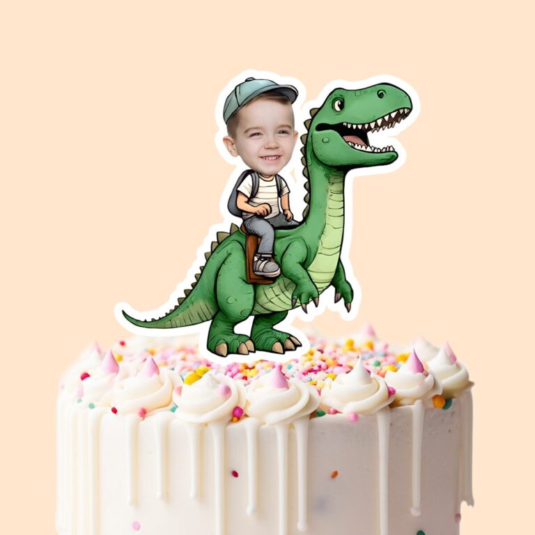 Custom Rider on a Green Tyrannosaur Face Cutout – Cake Topper Custom Rider on a Green Tyrannosaur Face Cutout shown on a cake topper mockup