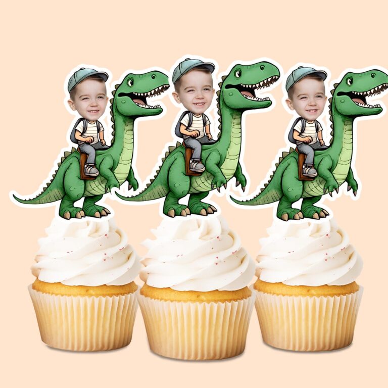 Custom Rider on a Green Tyrannosaur Face Cutout – Cupcake Topper Custom Rider on a Green Tyrannosaur Face Cutout shown on a cupcake topper mockup