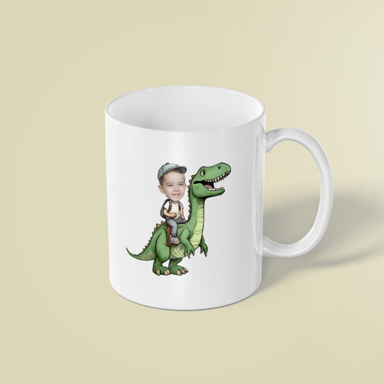Custom Rider on a Green Tyrannosaur Face Cutout – Mug Custom Rider on a Green Tyrannosaur Face Cutout shown on a mug mockup