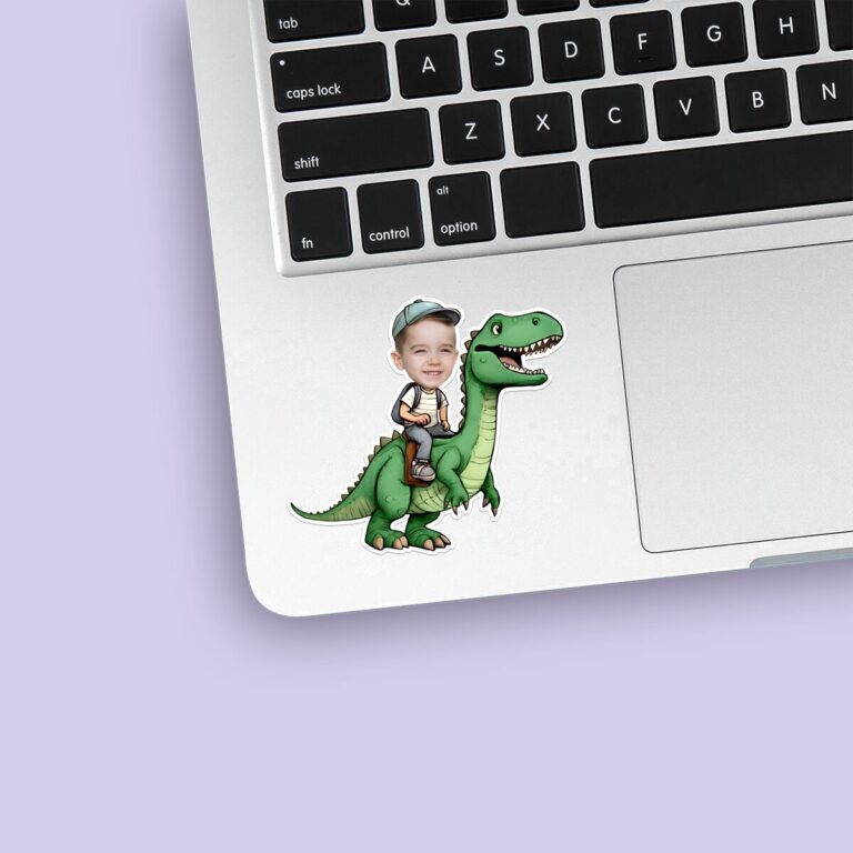 Custom Rider on a Green Tyrannosaur Face Cutout – Sticker Custom Rider on a Green Tyrannosaur Face Cutout shown on a sticker mockup