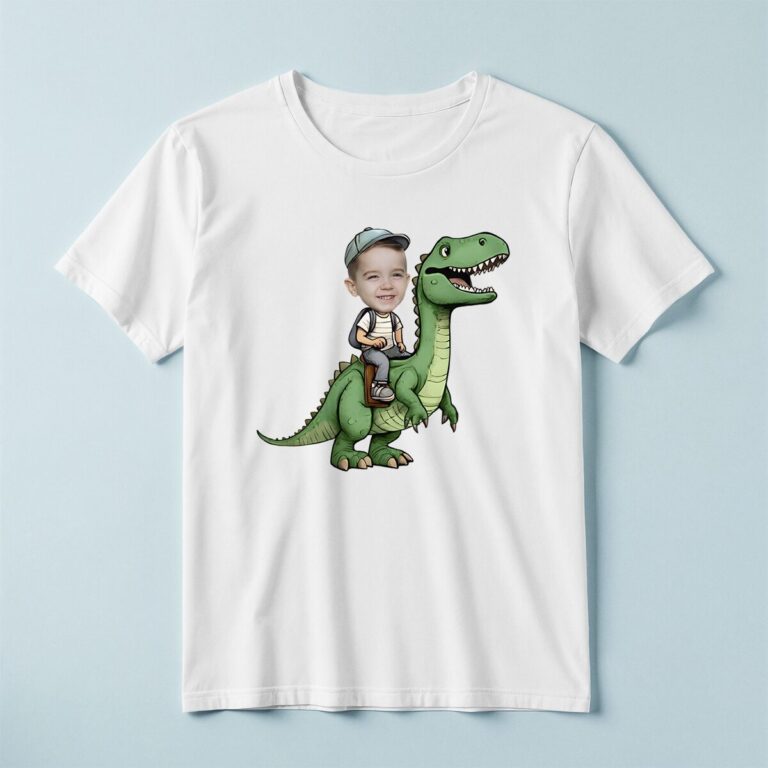 Custom Rider on a Green Tyrannosaur Face Cutout – T-shirt Custom Rider on a Green Tyrannosaur Face Cutout shown on a T-shirt mockup