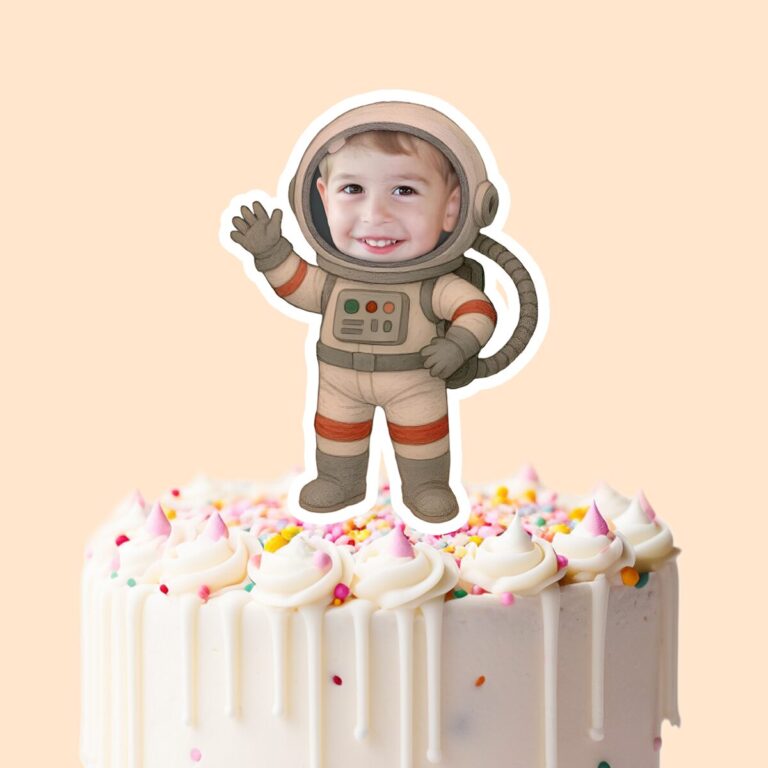 Custom Astronaut Waving Face Cutout – Cake Topper Custom Astronaut Waving Face Cutout shown on a cake topper mockup