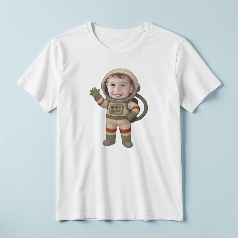 Custom Astronaut Waving Face Cutout – T-shirt Custom Astronaut Waving Face Cutout shown on a T-shirt mockup
