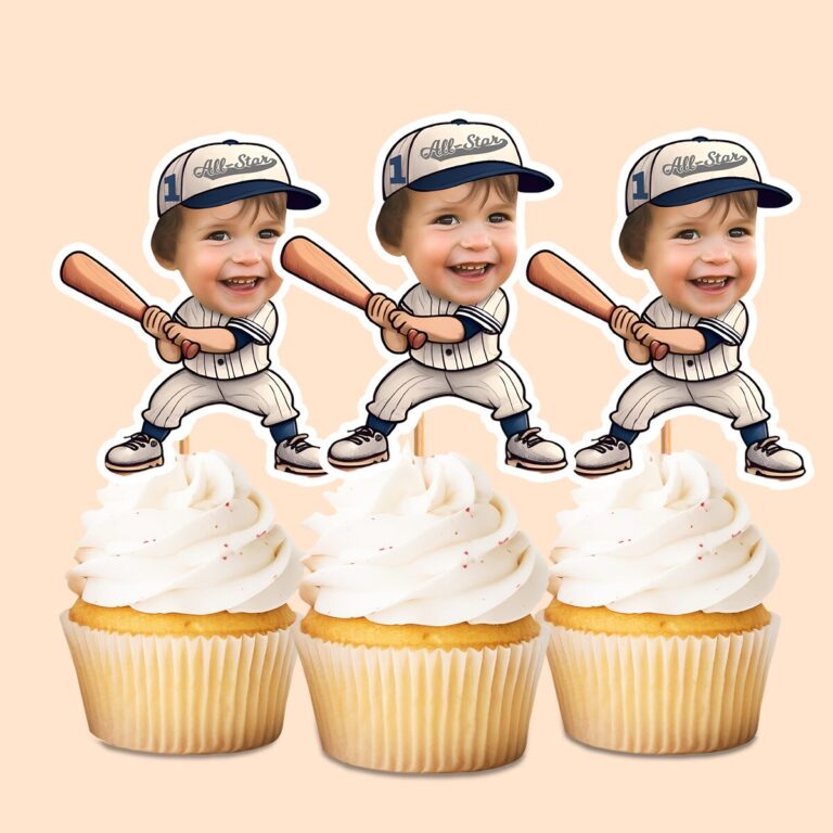 Custom Number 1 All-Star Baseball Batter Face Cutout – Cupcake Topper Custom Number 1 All-Star Baseball Batter Face Cutout shown on a cupcake topper mockup