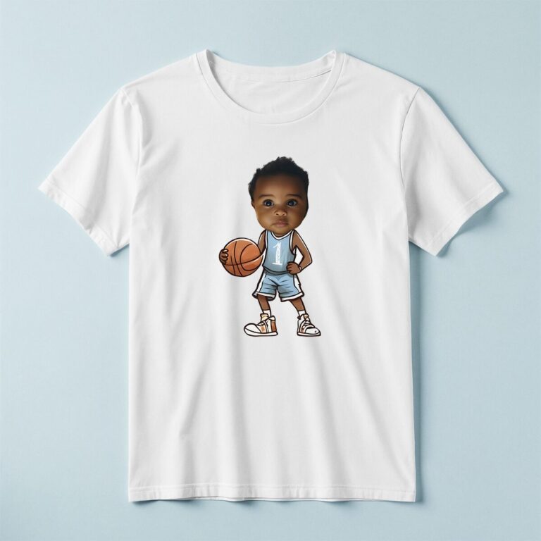 Custom Light-Blue Number 1 Basketball Child Face Cutout – T-shirt Custom Light-Blue Number 1 Basketball Child Face Cutout shown on a T-shirt mockup