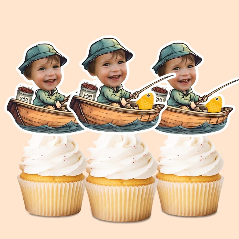 Custom Angler in a Rowboat Face Cutout – Cupcake Topper Custom Angler in a Rowboat Face Cutout shown on a cupcake topper mockup