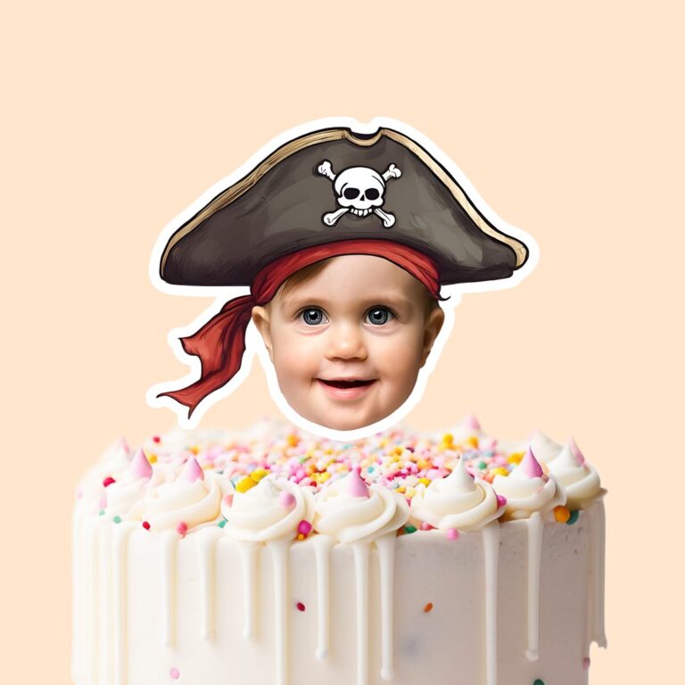 Custom Pirate Captain Portrait Face Cutout – Cake Topper Custom Pirate Captain Portrait Face Cutout shown on a cake topper mockup
