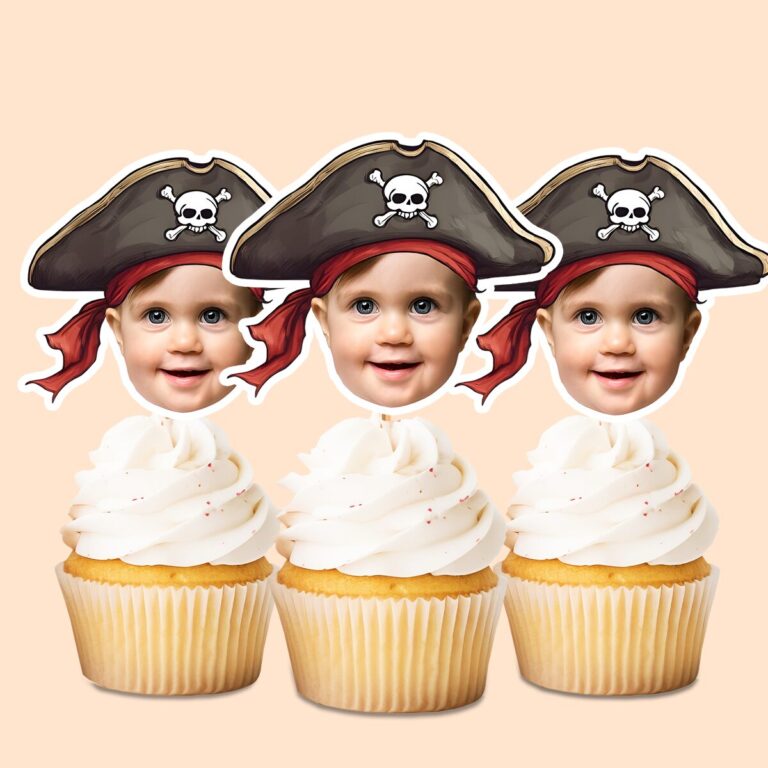 Custom Pirate Captain Portrait Face Cutout – Cupcake Topper Custom Pirate Captain Portrait Face Cutout shown on a cupcake topper mockup