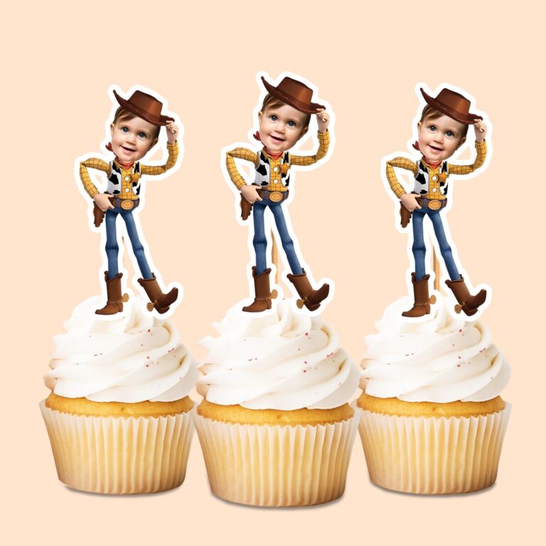 Custom Cowboy Sheriff Tipping Hat Face Cutout – Cupcake Topper Custom Cowboy Sheriff Tipping Hat Face Cutout shown on a cupcake topper mockup
