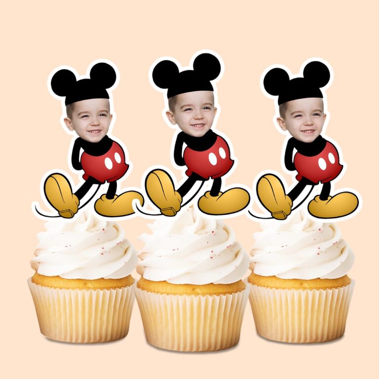 Custom Classic Mouse Character Costume Face Cutout – Cupcake Topper Custom Classic Mouse Character Costume Face Cutout shown on a cupcake topper mockup