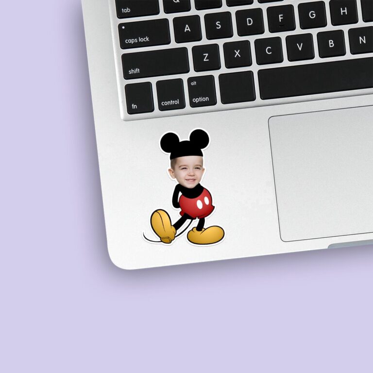 Custom Classic Mouse Character Costume Face Cutout – Sticker Custom Classic Mouse Character Costume Face Cutout shown on a sticker mockup