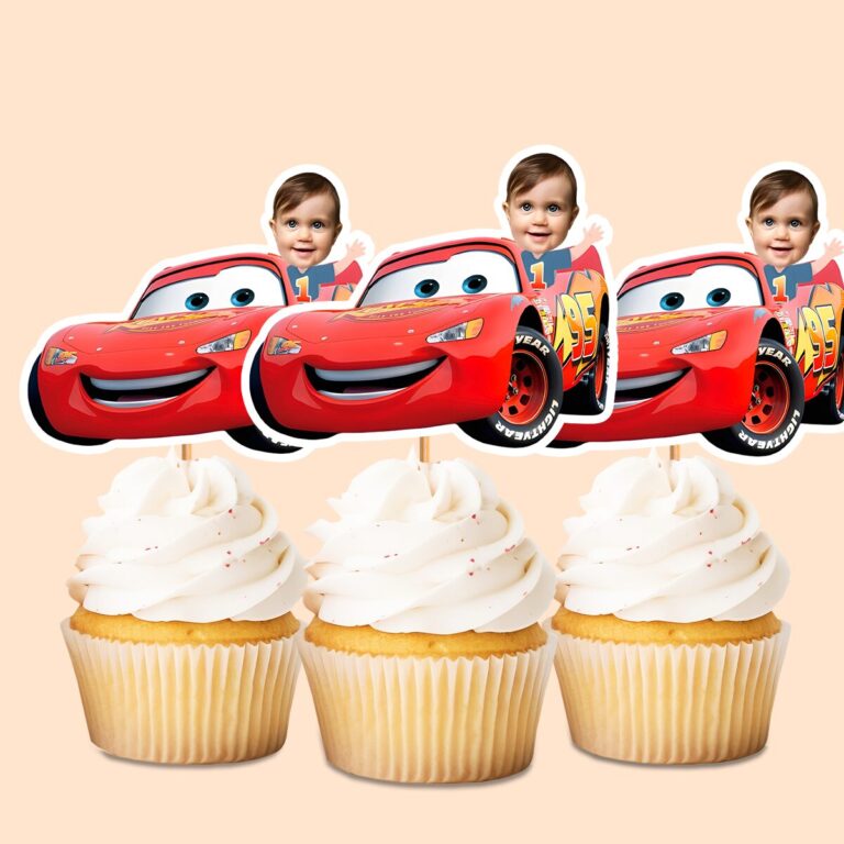 Custom Child with Red Number 95 Race Car Face Cutout – Cupcake Topper Custom Child with Red Number 95 Race Car Face Cutout shown on a cupcake topper mockup