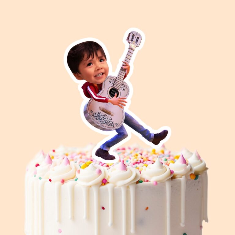 Custom Animated Fiesta Guitarist Face Cutout – Cake Topper Custom Animated Fiesta Guitarist Face Cutout shown on a cake topper mockup