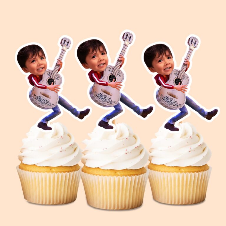 Custom Animated Fiesta Guitarist Face Cutout – Cupcake Topper Custom Animated Fiesta Guitarist Face Cutout shown on a cupcake topper mockup