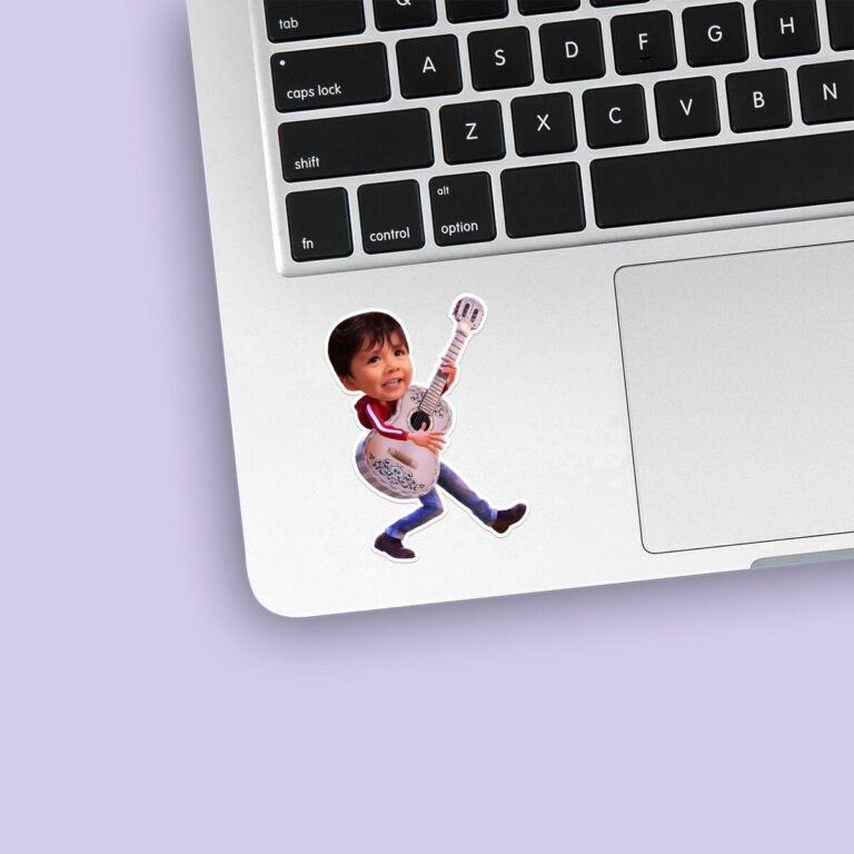 Custom Animated Fiesta Guitarist Face Cutout – Sticker Custom Animated Fiesta Guitarist Face Cutout shown on a sticker mockup
