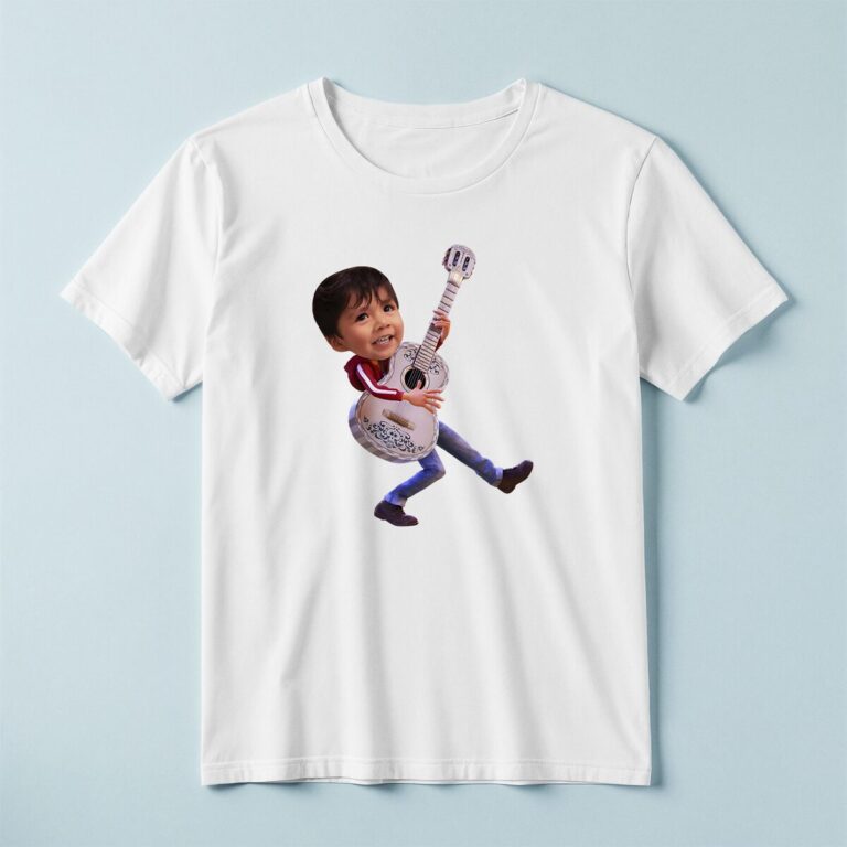 Custom Animated Fiesta Guitarist Face Cutout – T-shirt Custom Animated Fiesta Guitarist Face Cutout shown on a T-shirt mockup