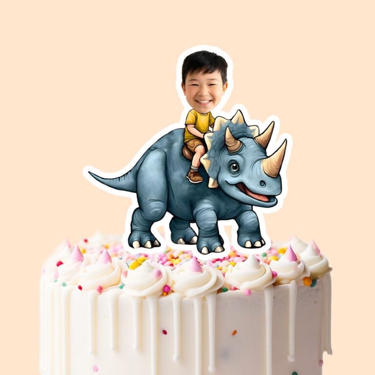 Custom Rider on a Gray Horned Yellow Shirt Face Cutout – Cake Topper Custom Rider on a Gray Horned Yellow Shirt Face Cutout shown on a cake topper mockup